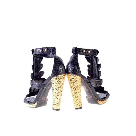 New Tom Ford Black Alligator Platform Metallic Gold Heel Sandals It 41 - US 11 C